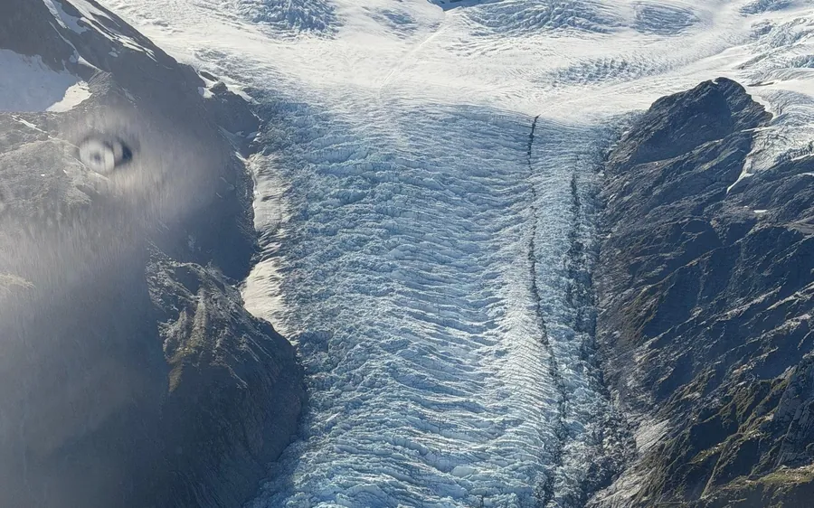 Two glacier tongues seen from a helicopter over the Southern Alps